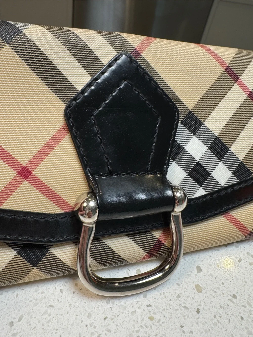 Vintage Burberry Nova Check Canvas Black Leather Stirrup Buckle Long Wallet